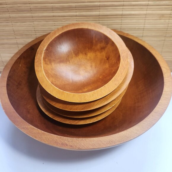 Vintage Baribo Made Wooden Salad Serving Bowl Set 5 Piece Mid Century Farmhouse - Picture 1 of 8